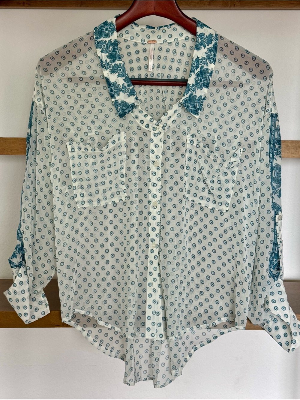 Free People White Blouse with Teal Floral Trim